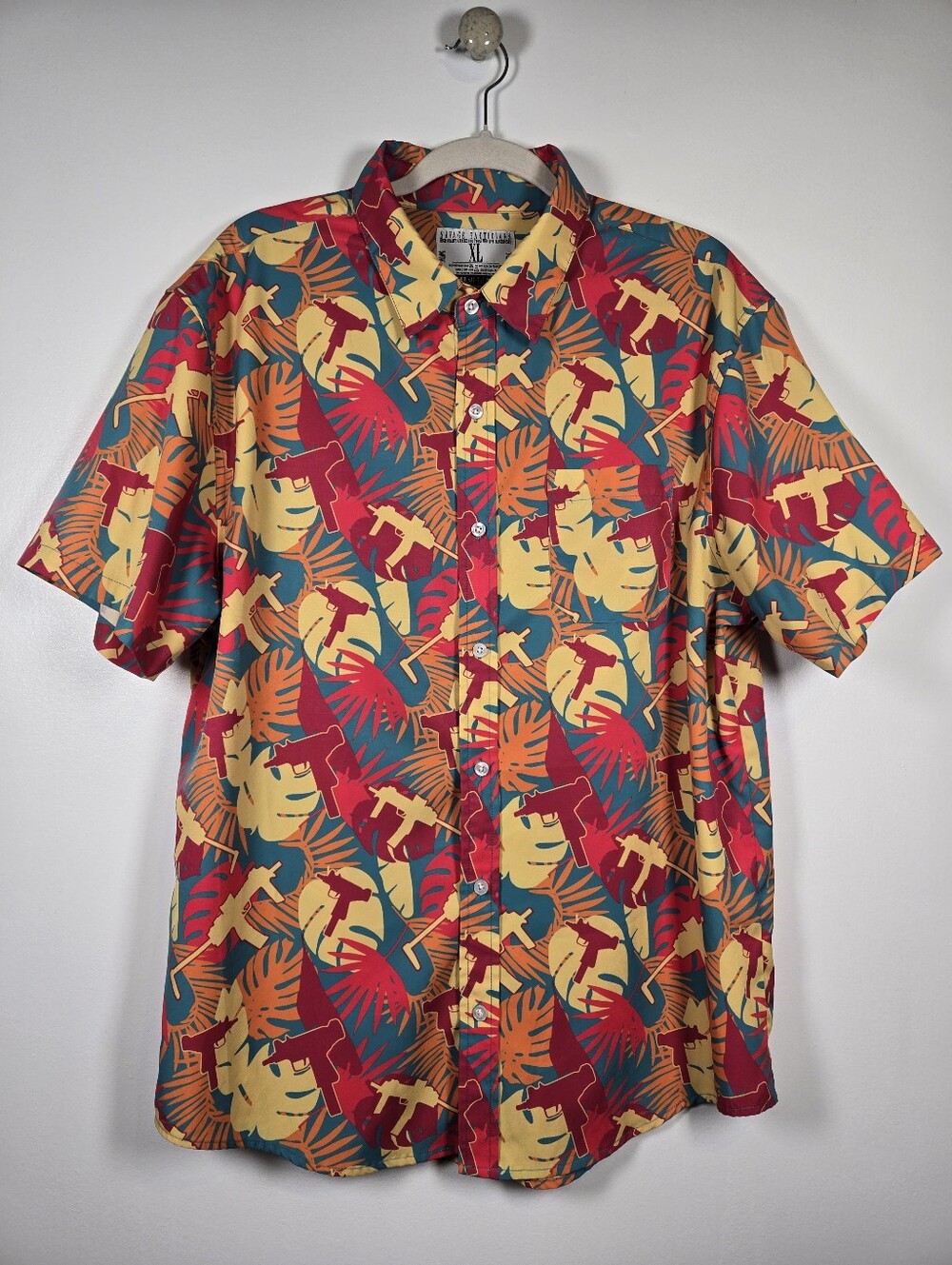 Savage Tacticians Pew Pew Rifle Novelty Hawaiian Print Button Down Shirt Mens XL